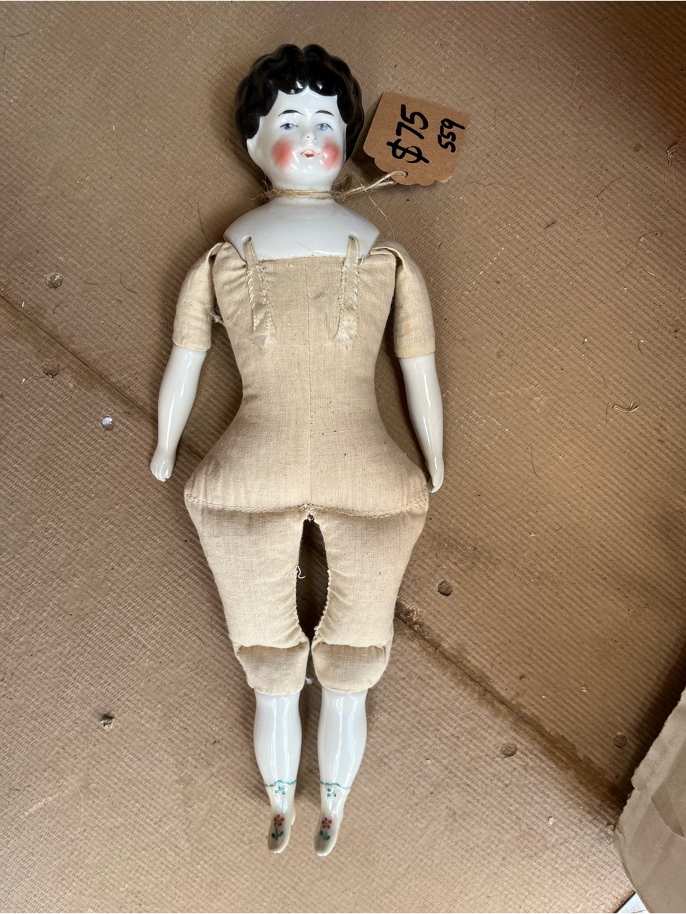 Vintage Antique China Head Doll in Cream Bodice with Painted Shoes Porcelain
